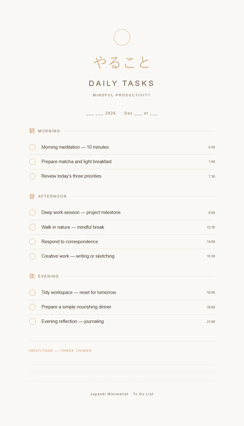 Japandi minimalist to do list with zen layout